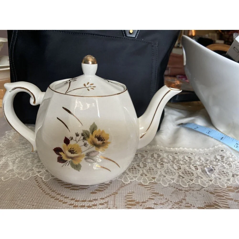 Ellgreave Wood & Sons Ironstone Teapot England Yellow Flowers Gold Trim Vintage